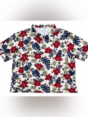 Tropical Floral Button-Up Shirt — Red & Navy on Cream